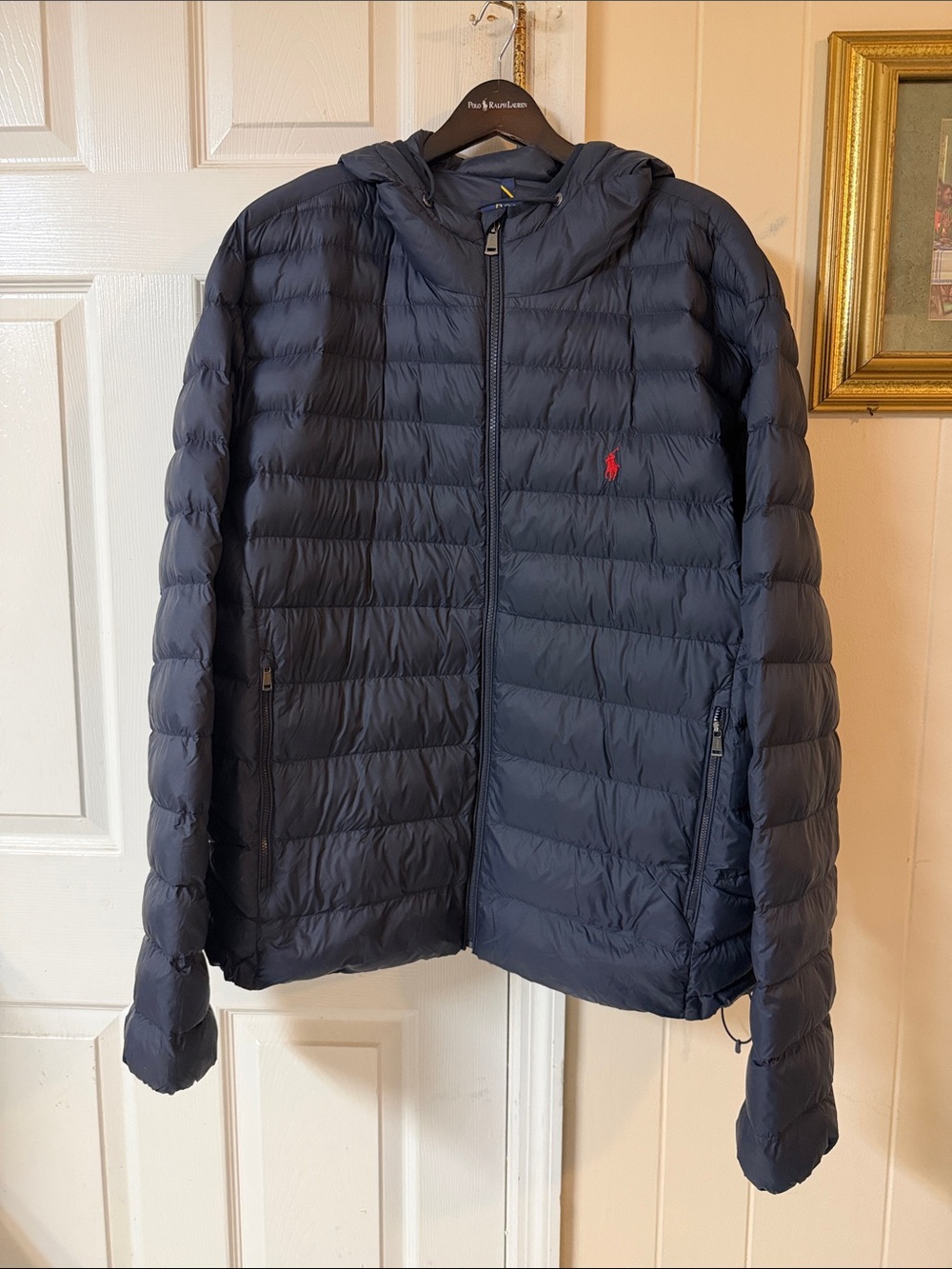 Ralph Lauren Men's Navy Hooded Puffer Jacket with Red Polo Logo